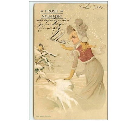 n°8049 - Carte Fantaisie - Prosit Neujahr - Femme blonde dans un Paysage Hivernal