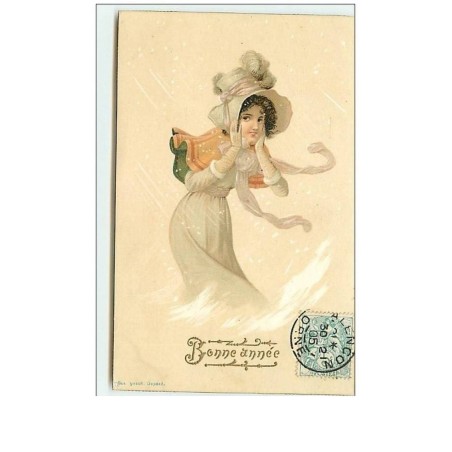 n°8050 - Carte Fantaisie - Bonne Année - Femme brune dans un Paysage Hivernal