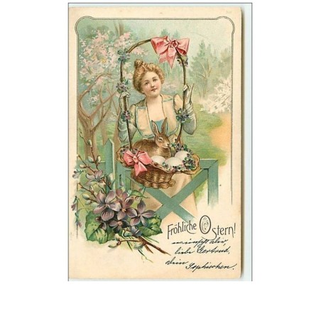 n°8084 - Carte Fantaisie - Frohliche Ostern - Femme avec une Corbeille avec des Oeufs