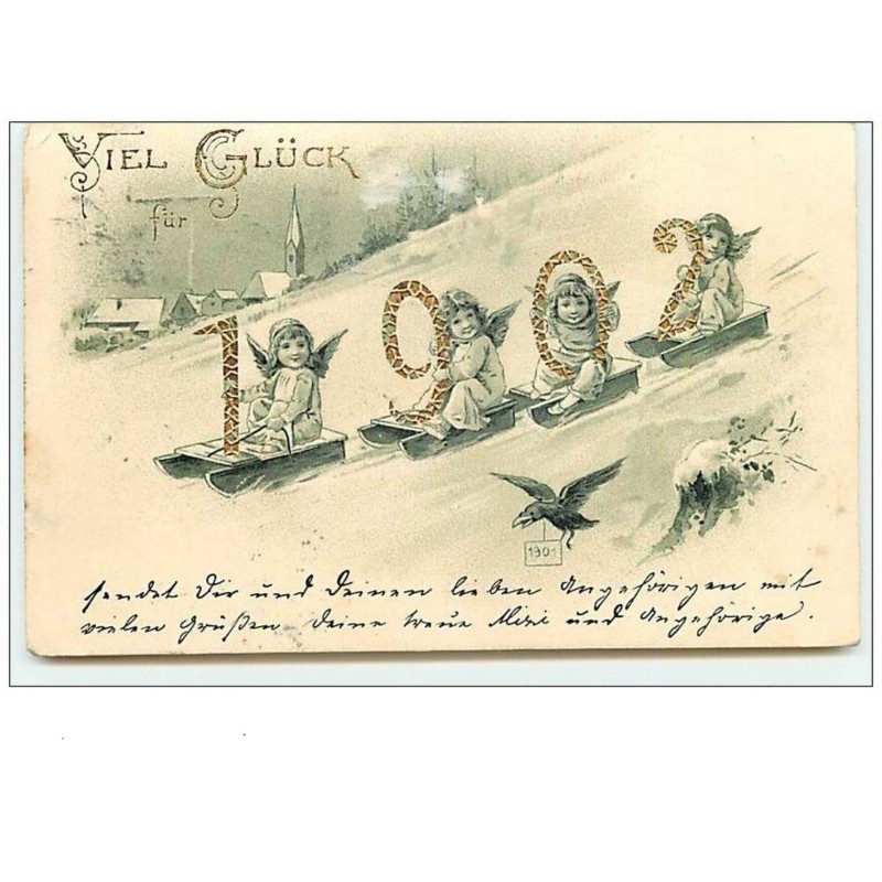 n°8092 - Carte Fantaisie - Viel Gluck im Neuen Jahr - Angelots faisant de la Luge - 1902