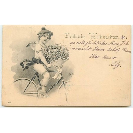n°8233 - Carte Fantaisie - Frôhliche Weihnachten - Angelot, Ange sur un vélo