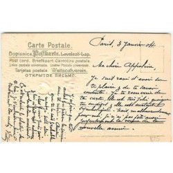 n°825 - Carte Gaufrée - Hirondelles tirant une corbeille de fleurs (roses en tissus, myosotis)