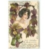 n°8250 - Carte Fantaisie - Portrait de Femme - Vigne - Raisin - Art Nouveau