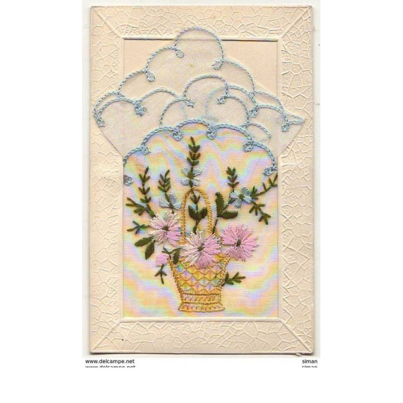 n°8260 - Carte Brodee avec Pochette - Corbeille de Fleurs Roses