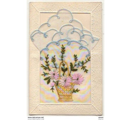 n°8260 - Carte Brodee avec Pochette - Corbeille de Fleurs Roses