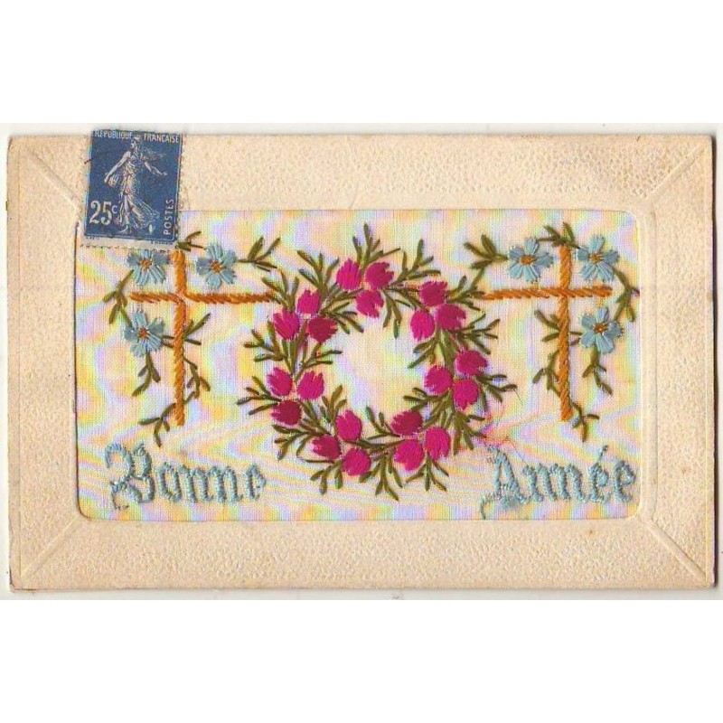 n°8262 - Carte Brodee - Bonne Année - Couronne de Fleurs