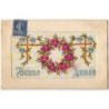 n°8262 - Carte Brodee - Bonne Année - Couronne de Fleurs