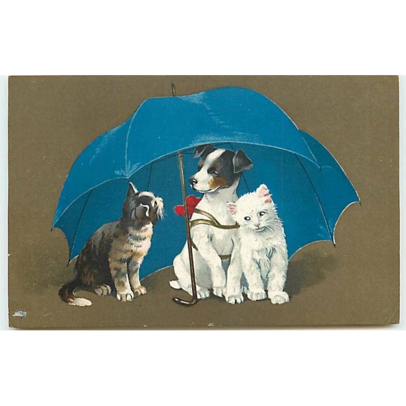 n°12422 - Meissner - Deux chats et un chien sous un parapluie