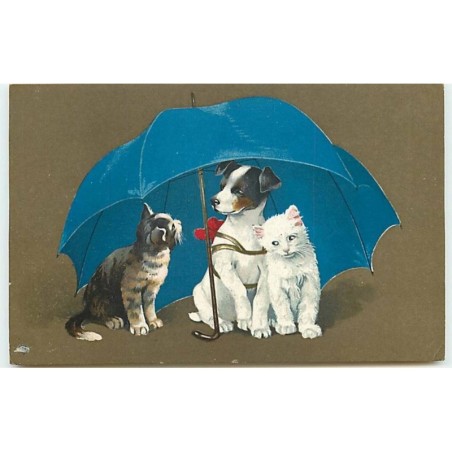 n°12422 - Meissner - Deux chats et un chien sous un parapluie