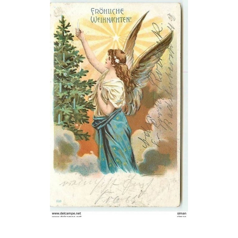 n°8287 - Carte Fantaisie - Frohliche Weihnachten - Ange mettant une bougie sur un sapin