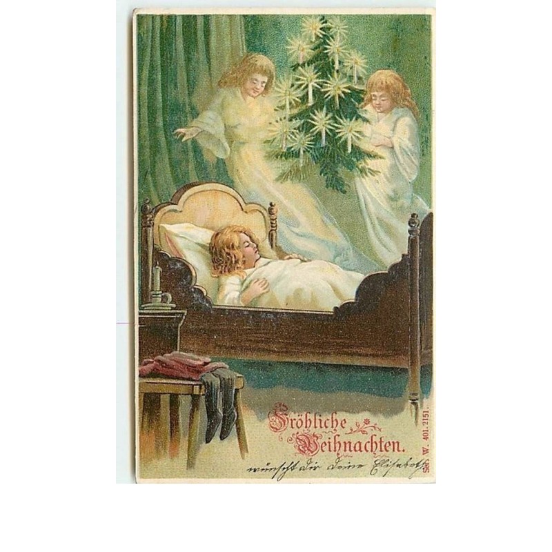 n°8332 - Carte Fantaisie Gaufrée - Fröhliche Weihnachten - Fillette endormie et anges
