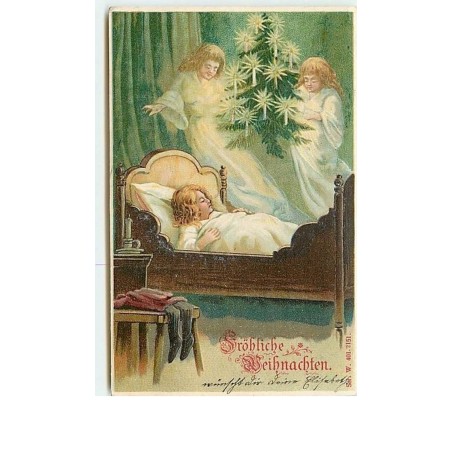 n°8332 - Carte Fantaisie Gaufrée - Fröhliche Weihnachten - Fillette endormie et anges
