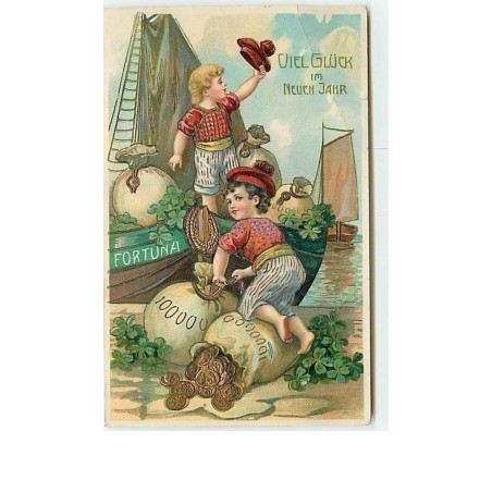 n°8339 - Carte Fantaisie - Viel Gluck im Neuen Jahr - Enfants avec des pièces d'or sur un quai