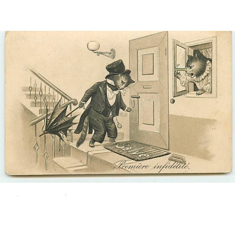 n°8345 - Carte Fantaisie  Gaufrée - Première Infidélité - Chats Habillés