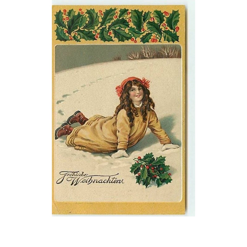 n°8376 - Carte Fantaisie Gaufrée - Fröhliche Weihnachten - Fillette allongée dans la neige