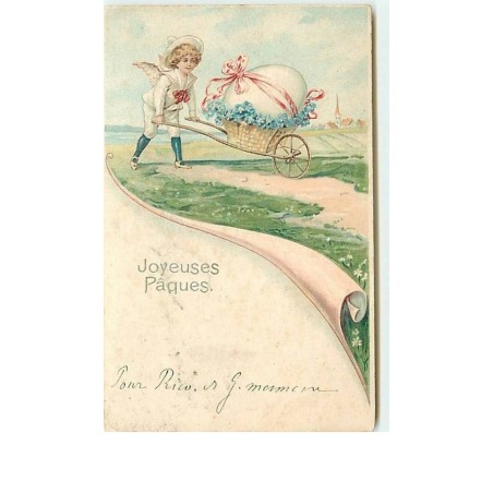 n°8381 - Carte Fantaisie - Joyeuses Pâques - Ange poussant une brouette avec un oeuf