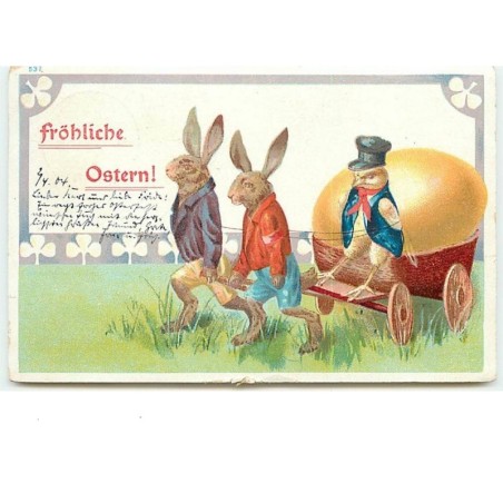 n°8385 - Carte Fantaisie - Fröhliche Ostern - Lapins et Poussin habillé