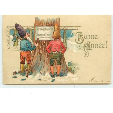 n°8391 - Carte Fantaisie  Gaufrée - Bonne Année - Nains, Lutins lisant une affichette sur un arbre