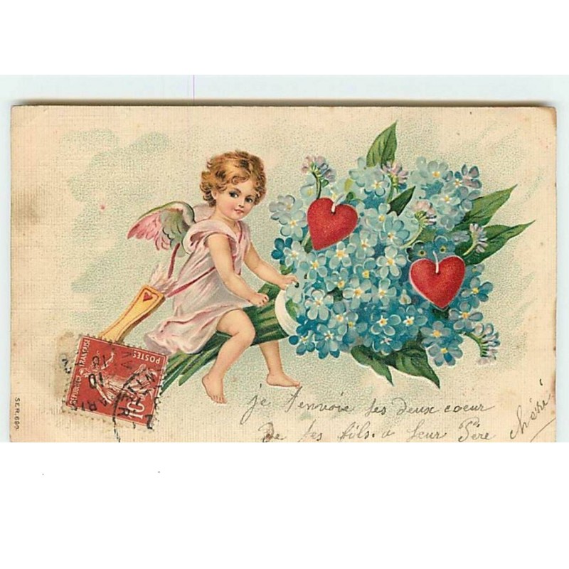 n°8400 - Carte Fantaisie  Gaufrée - Angelot sur un bouquet de fleurs