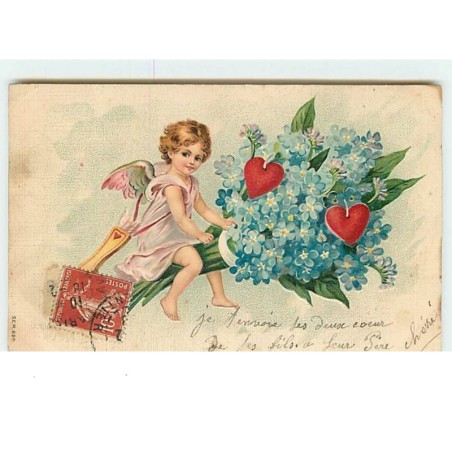 n°8400 - Carte Fantaisie  Gaufrée - Angelot sur un bouquet de fleurs
