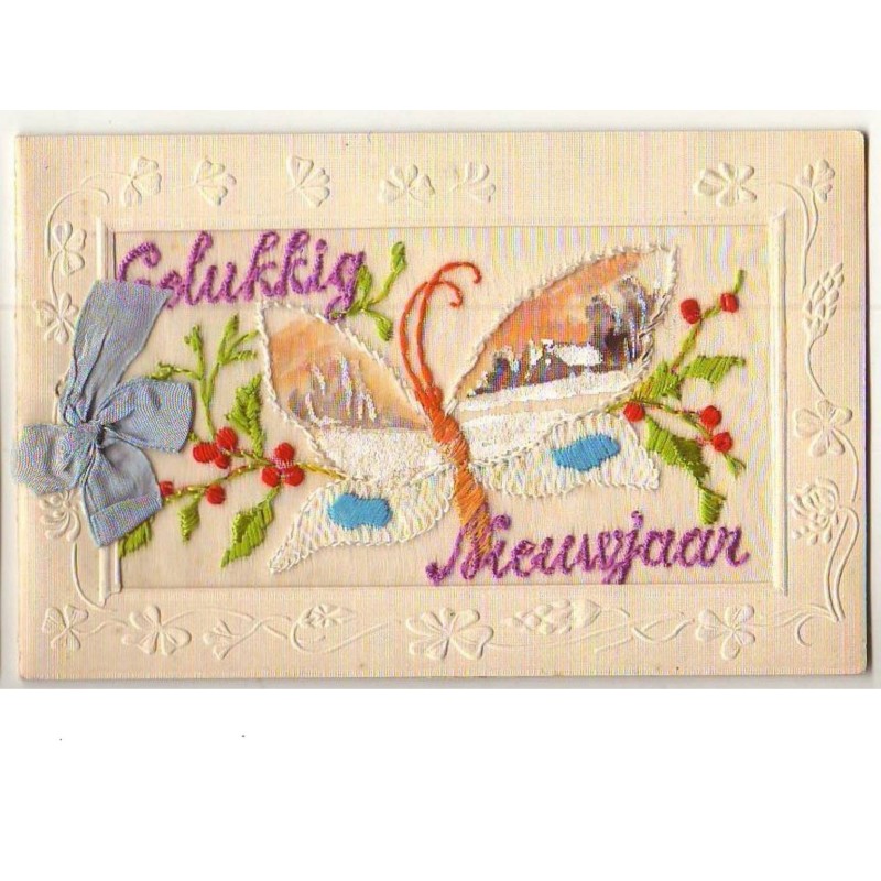n°8403 - Carte Brodée - Gelukkig Nieuwjaar - Papillon et Paysage hivernal