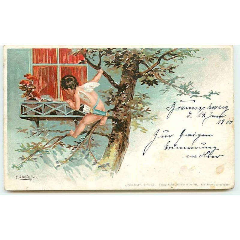 n°12428 - F. Döcker - Cupidon dans un arbre regardant par une fenêtre