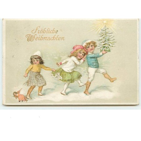 n°8436 - Carte Fantaisie Gaufrée - Fröhliche Weihnachten - Enfants avec un sapin