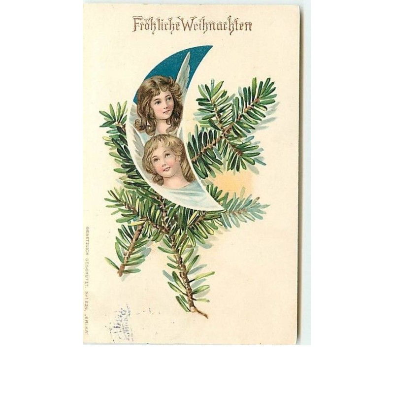 n°8440 - Carte Fantaisie - Fröhliche Weihnachten - Anges dans une lune