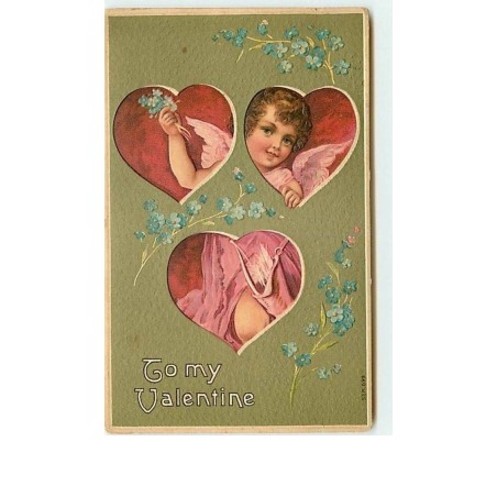 n°8441 - Carte Fantaisie Gaufrée - To my Valentine - Angelots dans des coeurs
