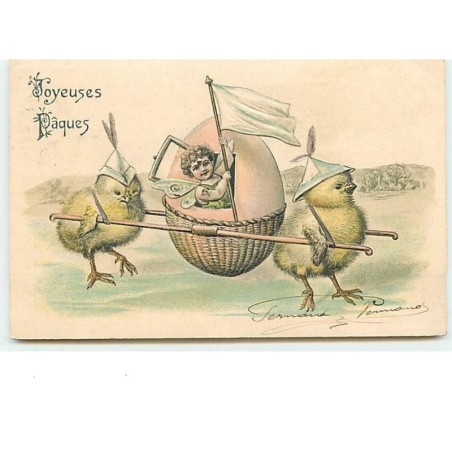 n°8446 - Carte Fantaisie Gaufrée - Joyeuses Pâques - Angelot transporté Par des poussins