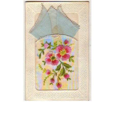 n°8462 - Carte Brodée avec Pochette Bleue - Fleurs Roses