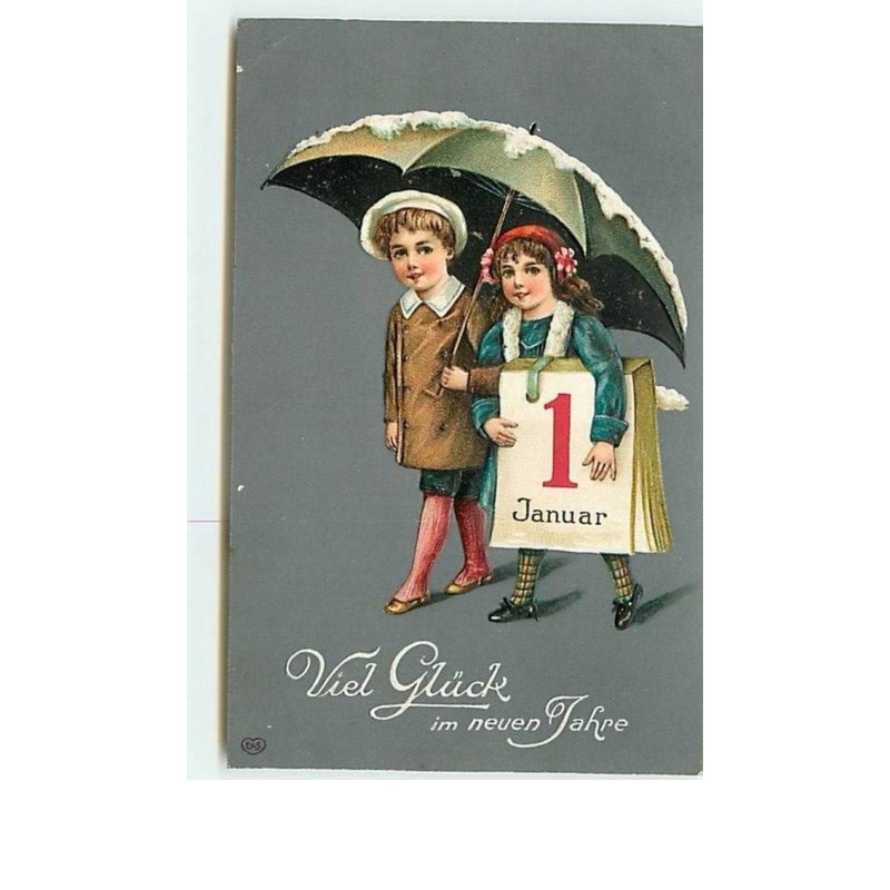n°8486 - Carte Fantaisie Gaufrée - 4 januar - Enfants sous un Parapluie