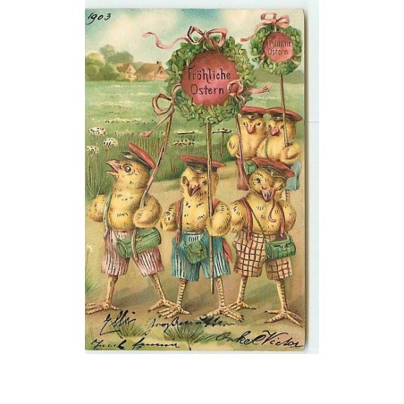 n°8490 - Carte Fantaisie Gaufrée - Frohliche Ostern - Poussins Habillés avec des Ballons