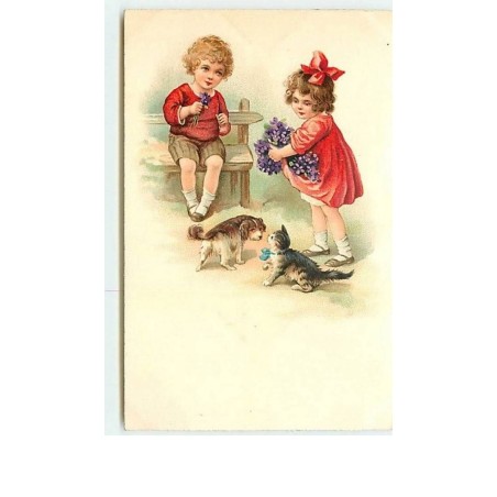 n°8549 - Carte Fantaisie - Chat, chien et enfants