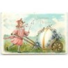 n°12438 - Carte Gaufrée - Joyeuses Pâques - Fillette poussant un oeuf sur une brouette