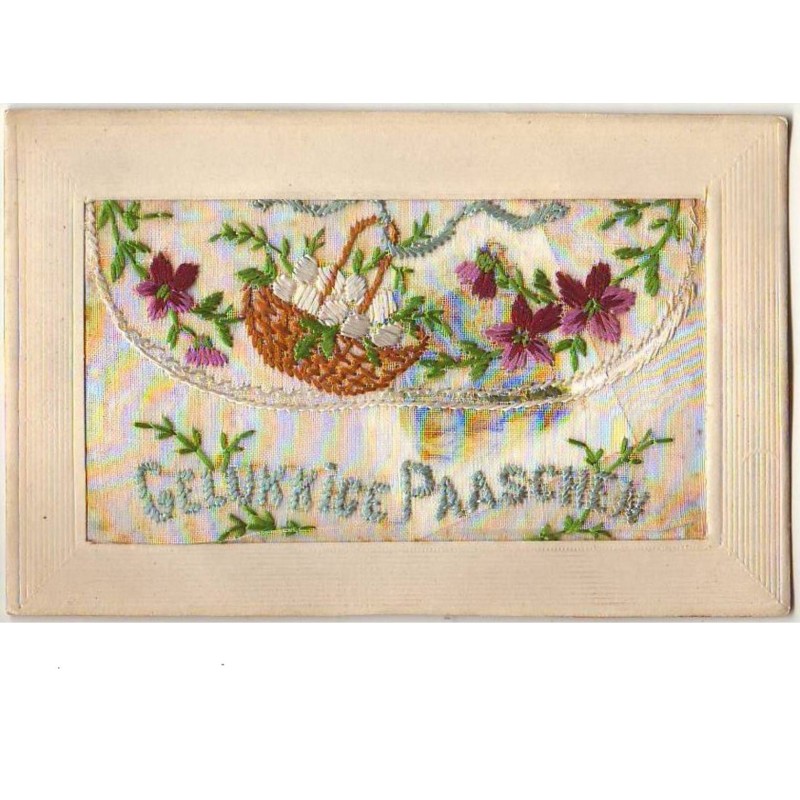 n°8608 - Carte Brodée avec rabat - Gelukkige Paaschen - Panier avec des Oeufs