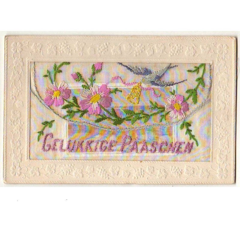 n°8609 - Carte Brodée avec rabat - Gelukkige Paaschen - Oiseau avec une cloche