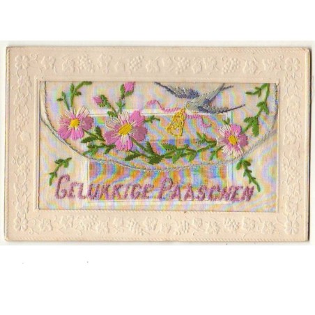 n°8609 - Carte Brodée avec rabat - Gelukkige Paaschen - Oiseau avec une cloche