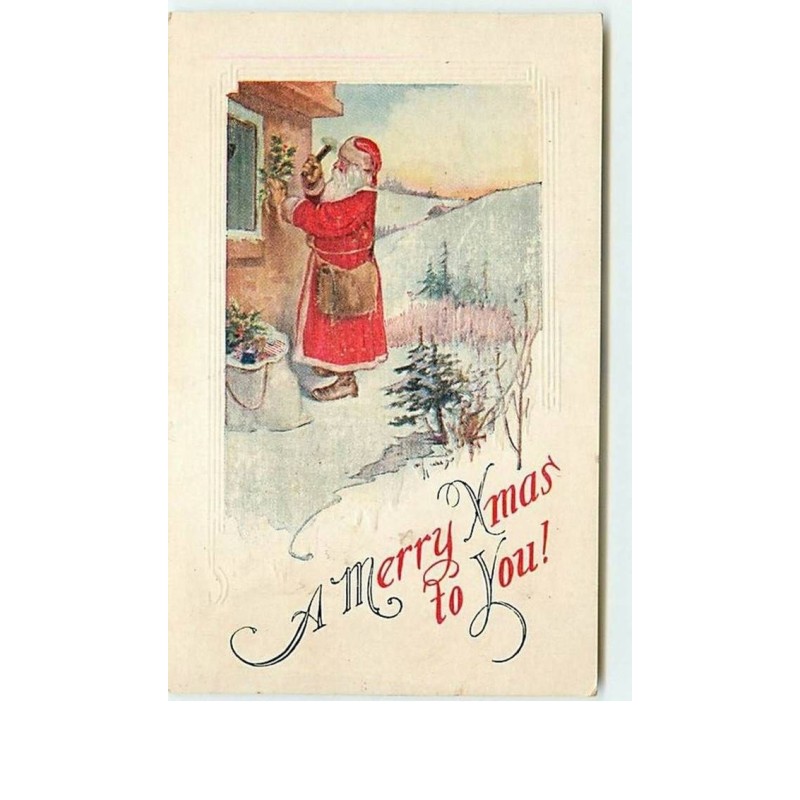 n°8638 - Carte Fantaisie Gaufrée - A merry Christmas to You - Père Noël clouant du houx