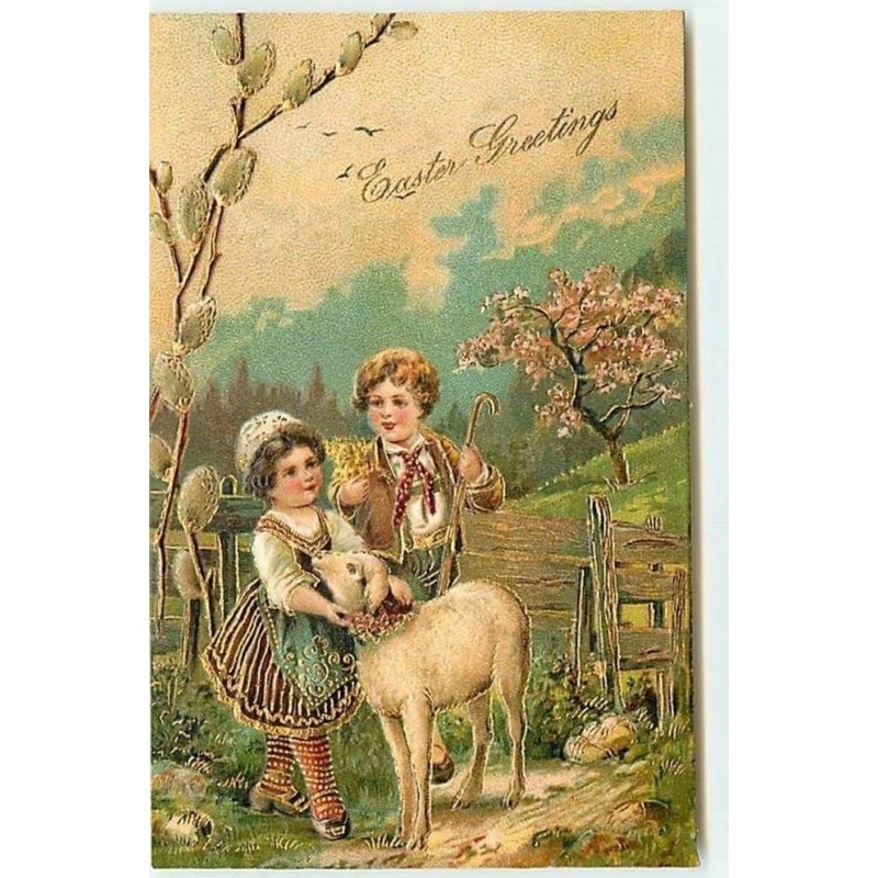 n°12442 - Carte Gaufrée - Easter Greetings - Couple d'enfants près d'un mouton