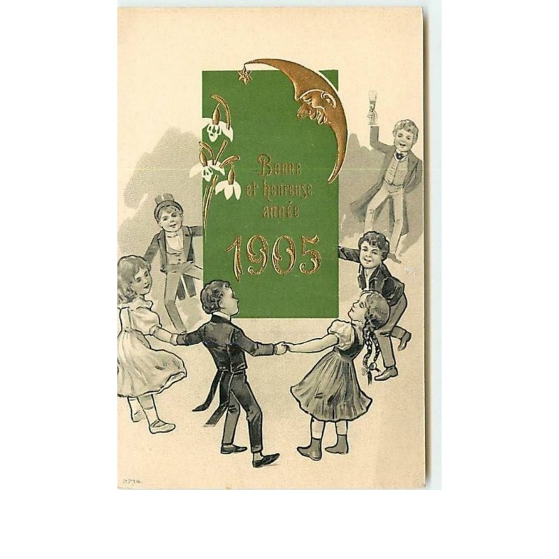 n°8639 - Carte Fantaisie - Bonne et Heureuse Année 1905 - Ronde d'enfants - lune