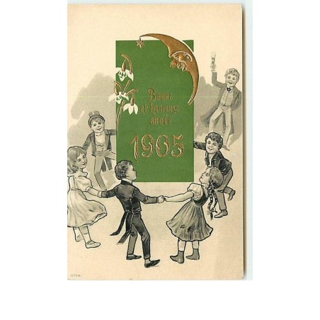 n°8639 - Carte Fantaisie - Bonne et Heureuse Année 1905 - Ronde d'enfants - lune