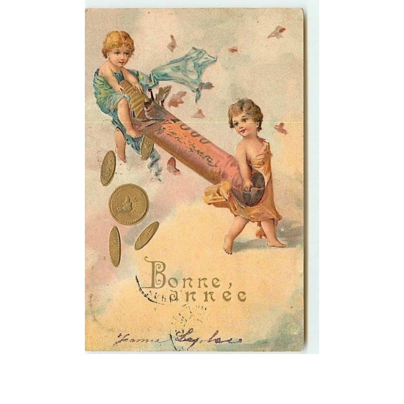 n°8643 - Carte Fantaisie Gaufrée - Bonne Année - Enfants et rouleau de Pièces d'or