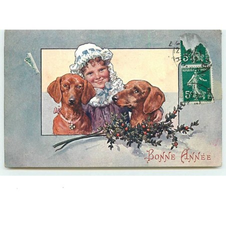 n°8644 - Carte Fantaisie - Bonne Année - Fillette avec teckels - Teckel