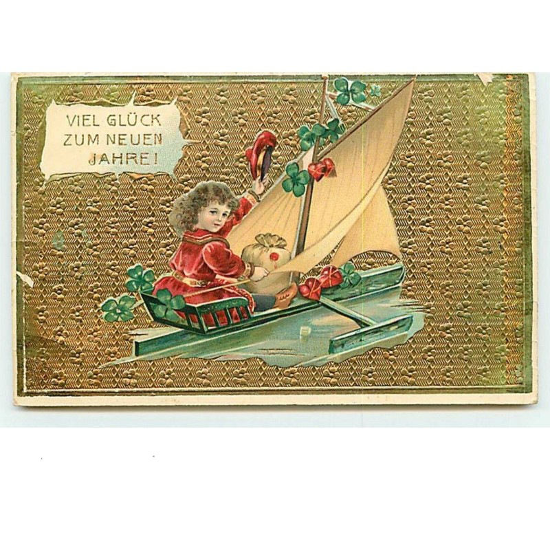 n°8647 - Carte Fantaisie - Viel Gluck zum Neuen Jahre - Fillette dans un char à voile - sac de pièces