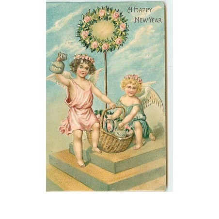 n°8648 - Carte Fantaisie Gaufrée - A Happy New Year - Angelots avec des sacs de pièces