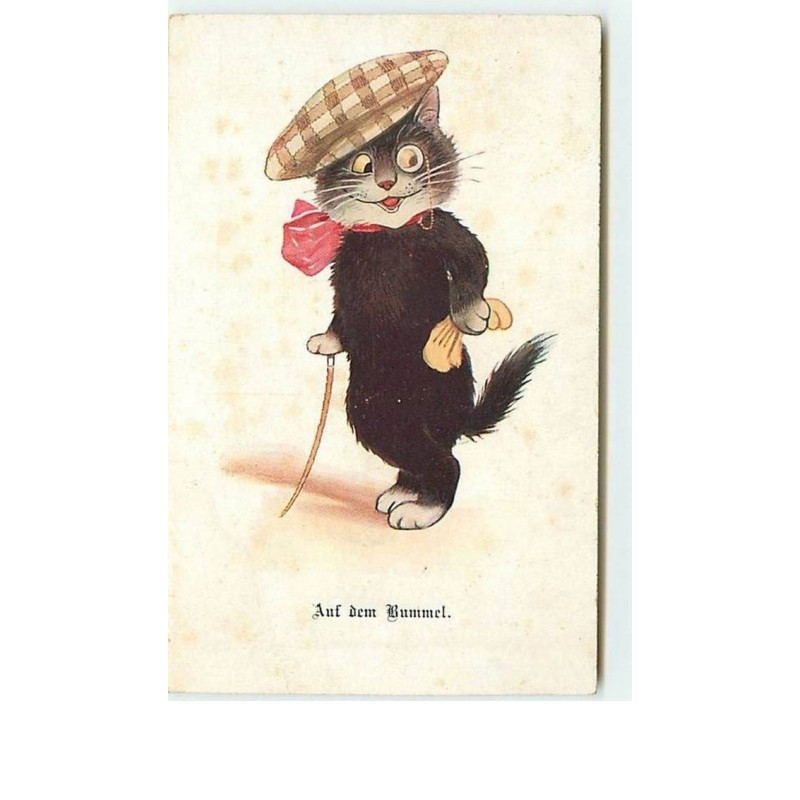 n°8670 - Carte Fantaisie - Chat en Casquette avec un monocle - Auf dem Bummel