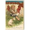 n°12445 - Carte Gaufrée - Frohes Osterfest - Garçon câlinant des moutons