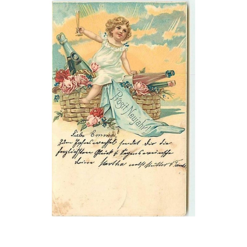 n°8687 - Carte Fantaisie - Prosit Neujahr - Fillette avec une flute de Champagne