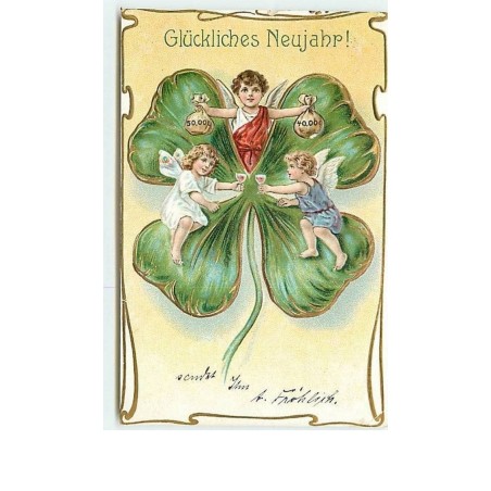 n°8690 - Carte Fantaisie Gaufrée - Gluckliches Neujahr - Angelots Trinquant dans un trèfle à 4 Feuilles